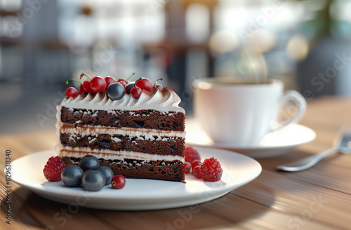 A slice of black forest cake sits on a table  topped with white cream and berries
