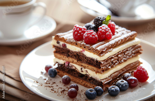 A square slice of millefeuille cake with chocolate and cream filling  layered between brownies and berries on the side  served in an elegant plate with a coffee cup in the background