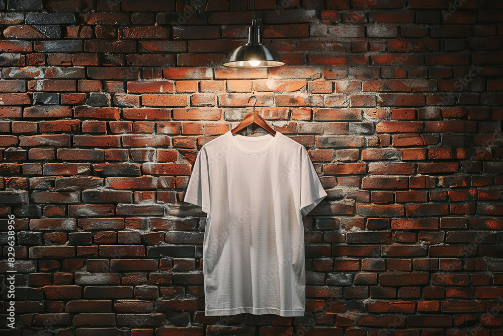 A white t-shirt is hanging on a brick wall, providing a blank canvas for design mockups or banners. Mockup template for design print