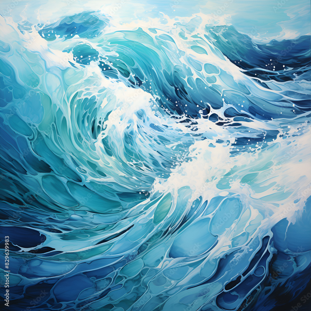 Serene depiction of blue ocean waves in a stunning painting.