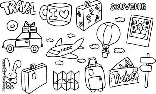Hand drawn travel outlines such as luggage, bag, souvenir, car, polaroid, balloon, map, plane, mug, bunny doll for colouring book, trip, vacation, journey, holidays, stickers, logo, icon, post card