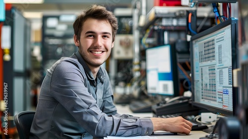 Cheerful Young Engineer Working at Desk in Office Setting