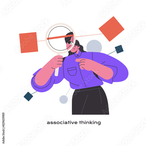 Associative thinking, type of MBTI. Analytical cognition, rational mindset. Psychological, mental research. Girl with magnifier explores thoughts networks. Flat isolated vector illustration on white