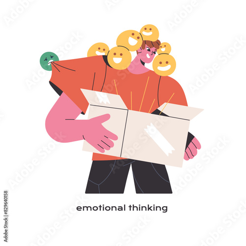 Emotional reasoning, irrational thinking. Person with box of happy and sad feelings, memories, thoughts. MBTI, type of mindset, psychological personality. Flat isolated vector illustration on white