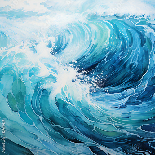 Painting of a majestic wave with a color palette of blue and white 