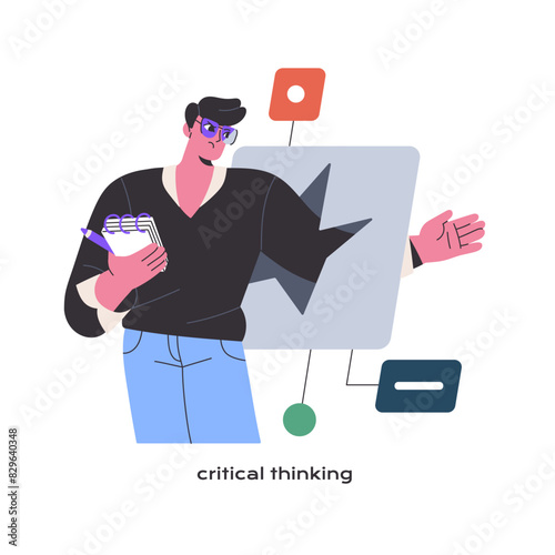 Person with critical thinking tests, explores. Analytical mindset, logical analysis, rational thoughts, skeptical mental process. Type of MBTI. Flat isolated vector illustration on white background