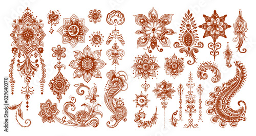 Henna tattoos ink sketch vector set. Flowers leafs stems ornamental pattern skin brown temporary paintings, illustrations isolated on white background photo