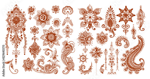 Henna tattoos ink sketch vector set. Flowers leafs stems ornamental pattern skin brown temporary paintings, illustrations isolated on white background