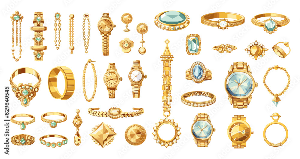 Jewelry cartoon vector set. Gold earrings bracelet watch ring diamond stone necklace chain precious metals wealth accessories products, illustration isolated on white background Jewelry cartoon vector set. Gold earrings bracelet watch ring diamond stone necklace chain precious metals wealth accessories products, illustration isolated on white background