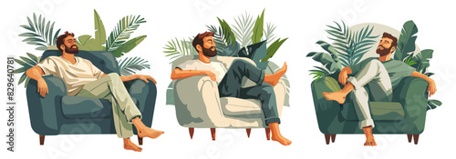 Man resting barefoot cartoon vector scenes. Beard t shirt sofa plant leaves home person enjoying relaxing free time break positive emotions character, illustration isolated on white background