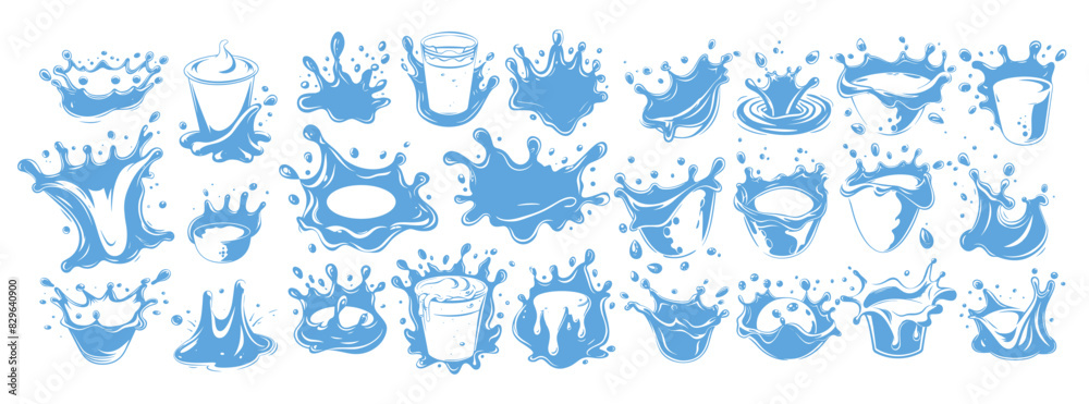 Obraz premium Milk logos ink sketch vector set. Drops splashes spread liquid flow fresh yogurt cheese curd emblems icons, isolated on white background