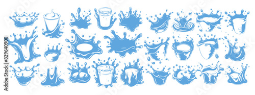 Milk logos ink sketch vector set. Drops splashes spread liquid flow fresh yogurt cheese curd emblems icons, isolated on white background