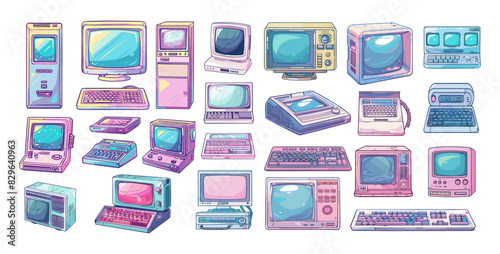 Old computers cartoon vector set. 90s monitor pc components electronic computing digital devices desktops retro nostalgia equipment, illustrations isolated on white background
