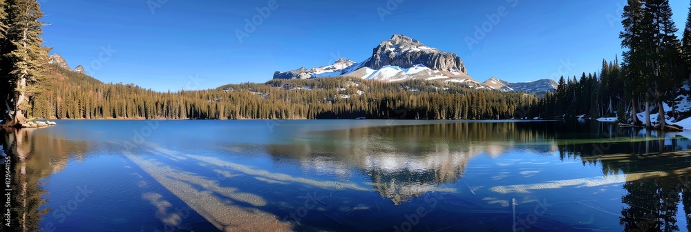 Fototapeta premium blue sky ,clean sky, coastline, panorama, aspect ratio 3:1, panoramic, mountain, snow