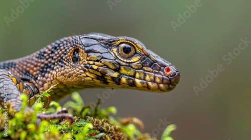 Crocodile skink closeup head from side view on moss, animal closeup