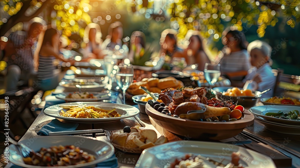 Naklejka premium Food outside on tables in the garden. Selective focus.