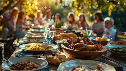 Food outside on tables in the garden. Selective focus.