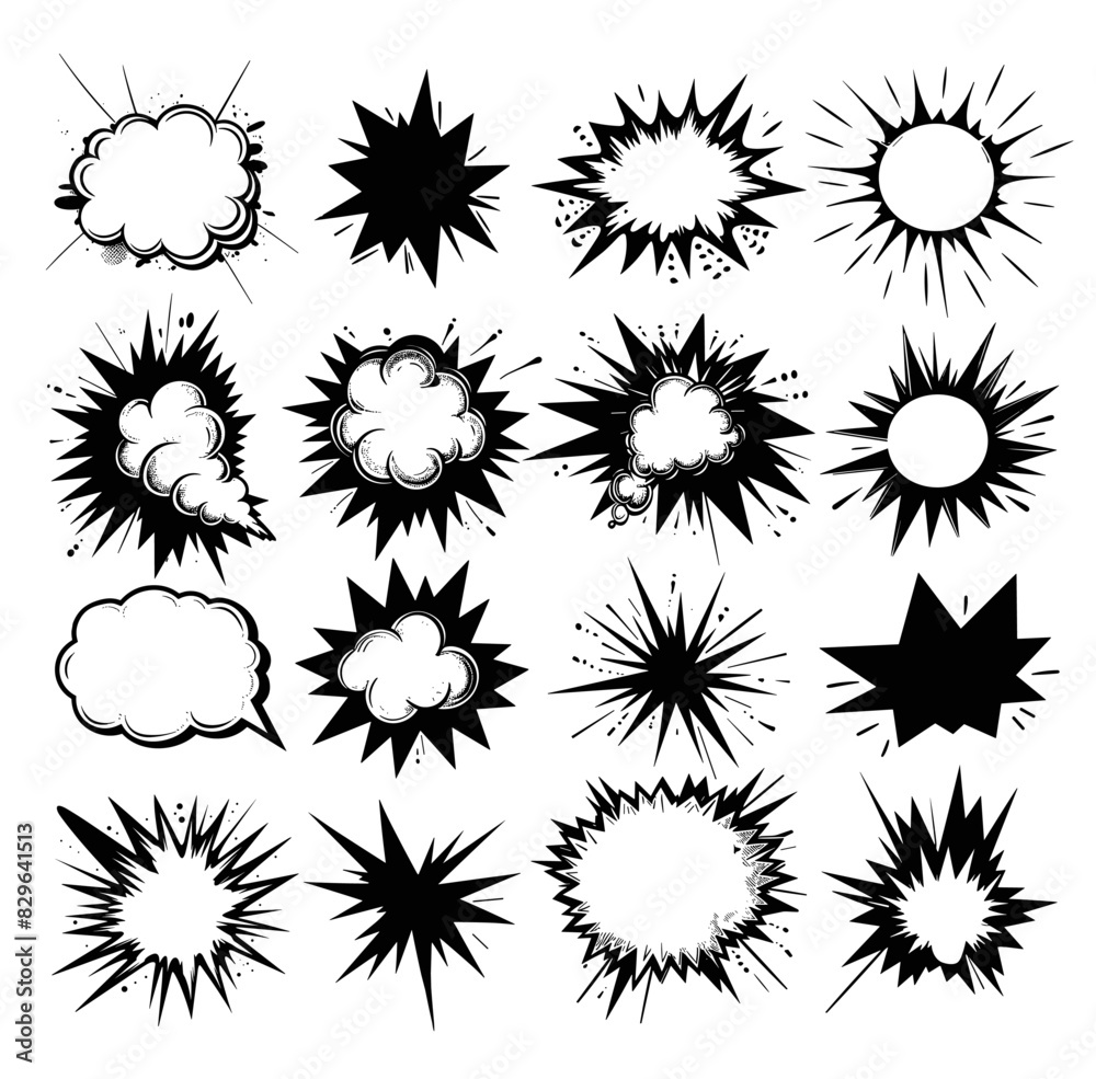 Speech comics bubbles explosions ink sketch vector set. Detonation splashes lines flash manga anime conversation black icons, isolated on white background Speech comics bubbles explosions ink sketch vector set. Detonation splashes lines flash manga anime conversation black icons, isolated on white background