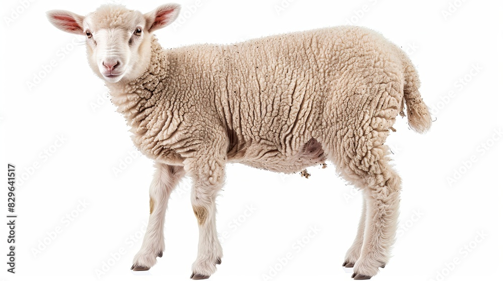 Fototapeta premium Cut out of young sheep lamb isolated on white background looking at camera. Side view full body length. Innocence and sacrifice concept .No people
