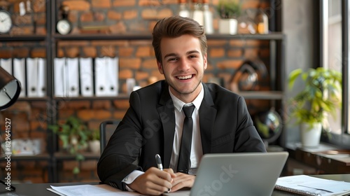 Cheerful Young Professional Working Diligently at His Desk in the Office