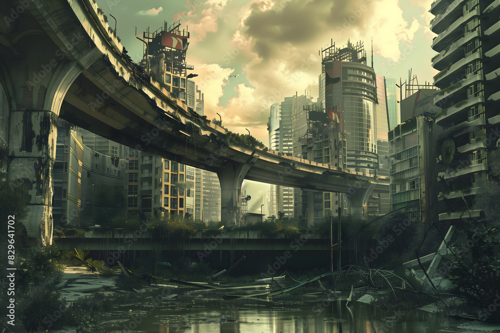 Fototapeta premium Dystopian future, destroyed architecture in a large city