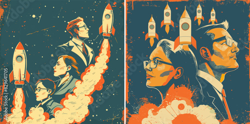 Startup idea cartoon style vector concepts. Woman man businessmen suits glasses accessories launch flying rockets smoke space light bulbs characters, retro virtual stylish posters