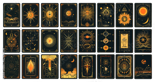 Tarot cards cartoon vector set. Sun moon stars esoteric astrology fate fortune telling occult mystical natal symbols papers, illustrations isolated on white background
