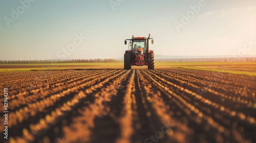 A modern tractor plows through an expansive agricultural field  preparing the soil for a new planting season under a clear sky. AIG41
