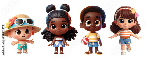 Cute 3D Cartoon Style Happy Children Dressed in Summer Clothes