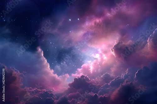 An amazing image of a pink and purple nebula with stars twinkling in the background; a magical night sky with radiant stars and colorful clouds; a fantasy drawing of a sky cloud space galaxy backgroun