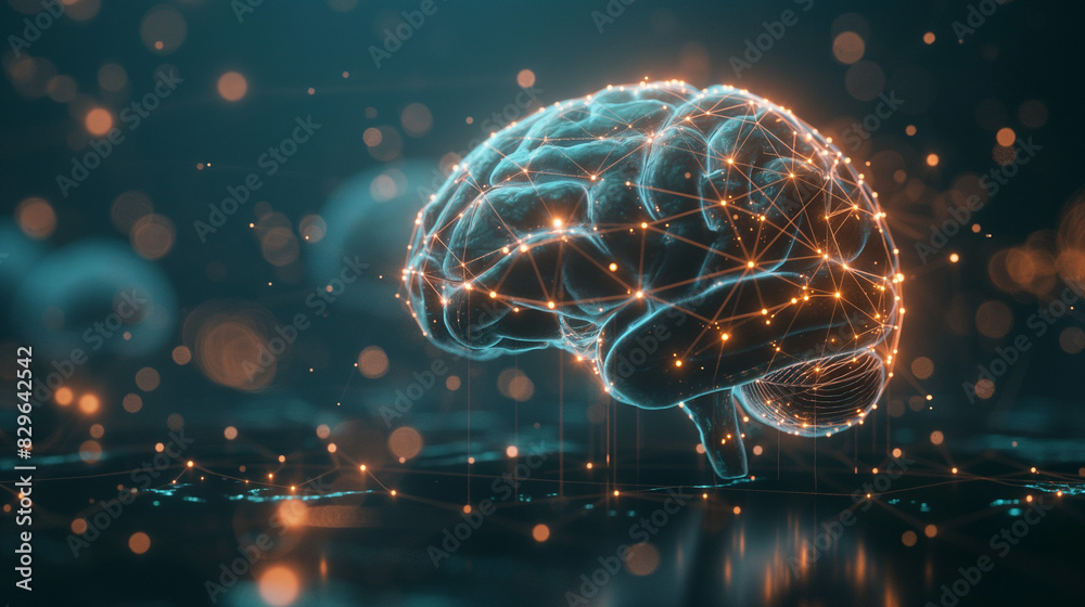 Insights visualized as a brain with interconnected nodes and lines, glowing with vibrant colors, set against a dark background, the complexity and brilliance of the neural network, Futuristic and capt Insights visualized as a brain with interconnected nodes and lines, glowing with vibrant colors, set against a dark background, the complexity and brilliance of the neural network, Futuristic and capt