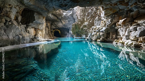 A pool with a hidden underwater cave  accessible through a narrow tunnel