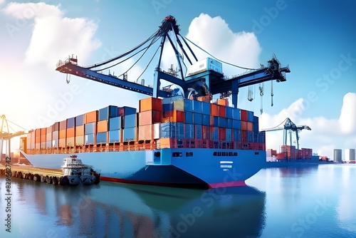 Container ship with quay crane transporting import-export container boxes docked at quay. Container trucks in ship ports for business purposes, global cargo freight shipping, logistics, and worldwide 