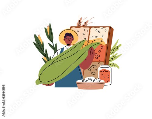 Farmer holds big corn cob in hands. Local farm worker sells different grains, groats, cereals, wheat at agriculture fair. Vendor of farming harvest, crop. Flat isolated vector illustration on white