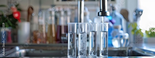 Test tubes with samples near the water tap. Selective focus.