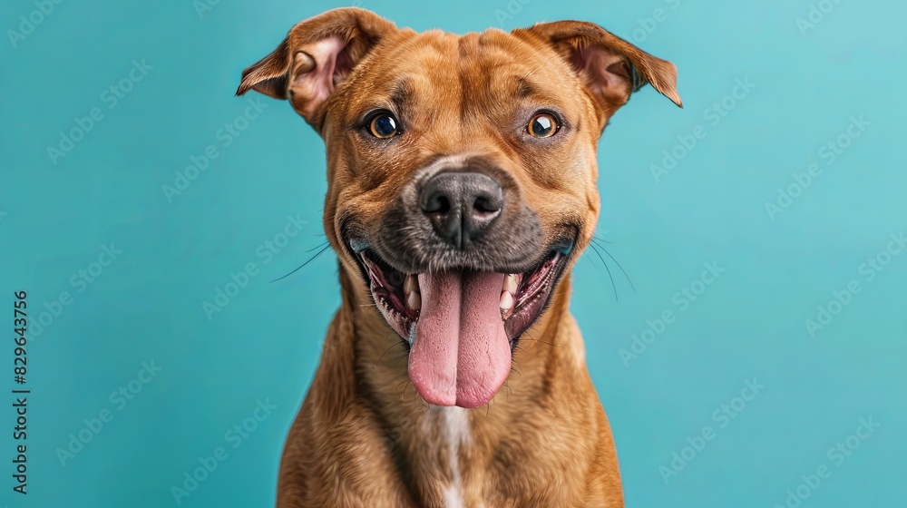 studio headshot portrait of smiling mixed breed brown fawn colored dog with tongue sticking out against a turquoise background studio headshot portrait of smiling mixed breed brown fawn colored dog with tongue sticking out against a turquoise background