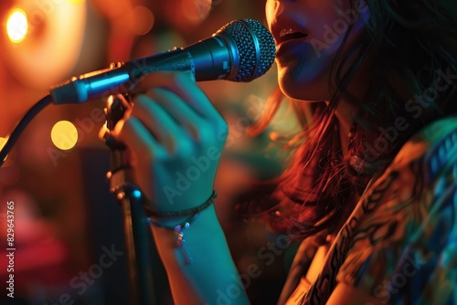 A woman energetically sings into a microphone at a lively party, engaging the crowd with her performance photo