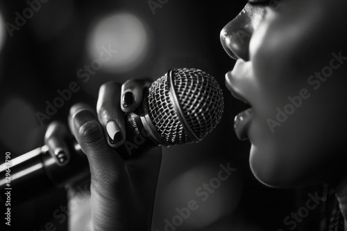 A black and white shot of a woman intensely singing into a microphone, her passion evident in her expression