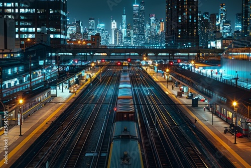 A bustling train station at night with a freight train in motion on the tracks  surrounded by activity