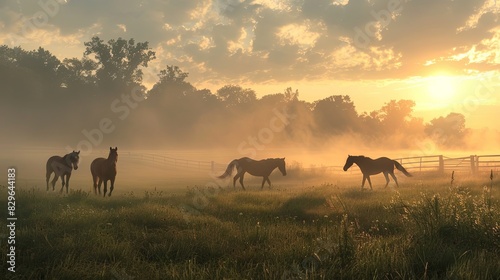 Thoroughbred horses grazing at sunset in a field photo