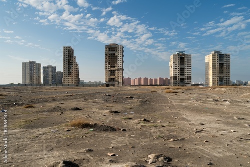 A wide-angle view of desolate urban outskirts with buildings standing upright in a barren dirt field