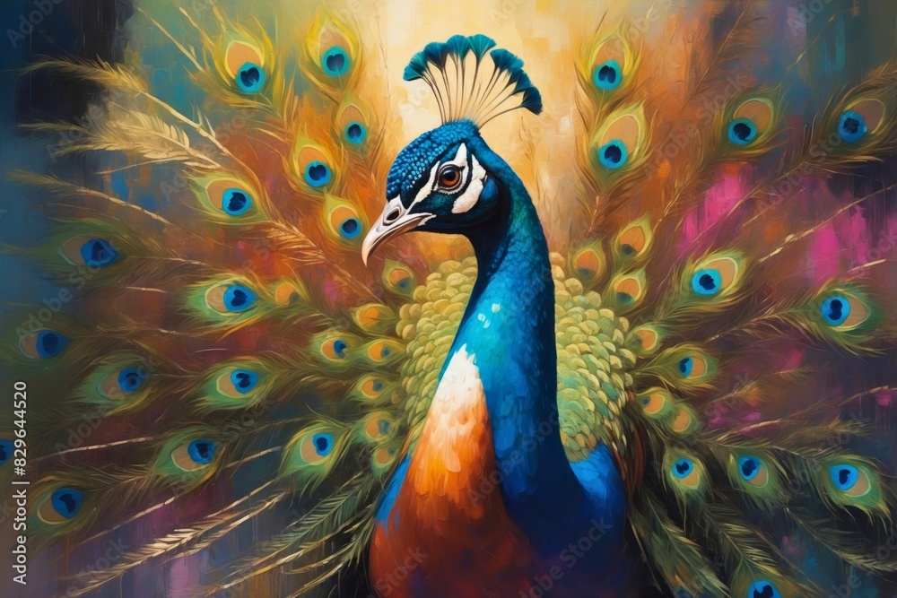 Obraz premium Colorful abstract portrait painting of a tropical exotic animal blue peacock bird, nature theme concept texture design.