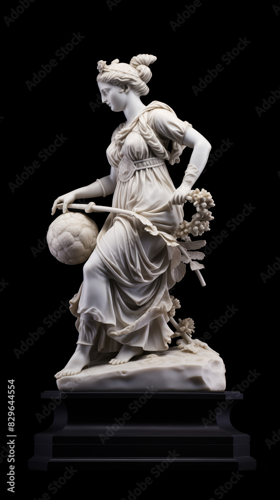 Beautiful female woman with ball in her hands white marble statue figure isolated on black background. Decorative sculpture concept. Beautiful female woman with ball in her hands white marble statue figure isolated on black background. Decorative sculpture concept.