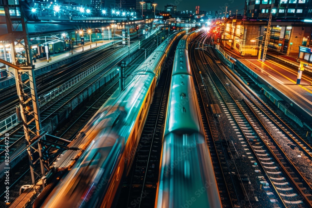 A freight train is seen traveling through a bustling train station at night, surrounded by numerous passengers and workers