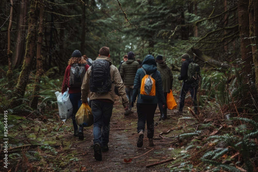 A diverse community group of people engaging in a cleanup activity while walking through a forest