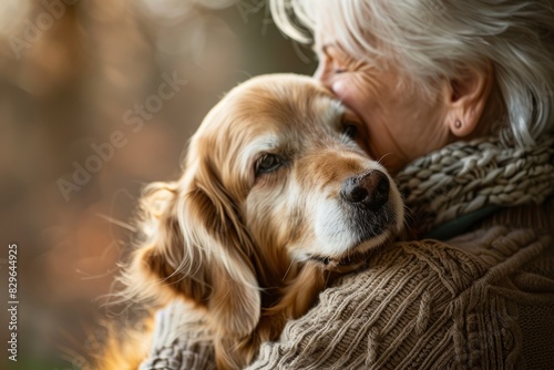 An older woman embraces her dog affectionately in a green park setting