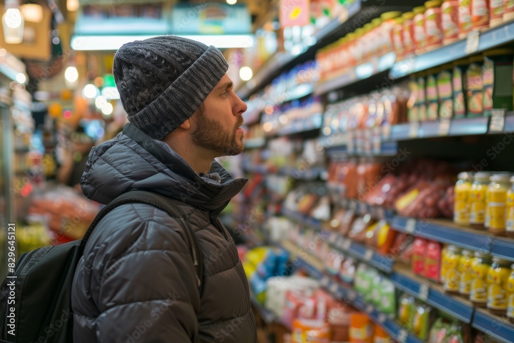 A man wearing a hat is carefully inspecting the various food items available in a store