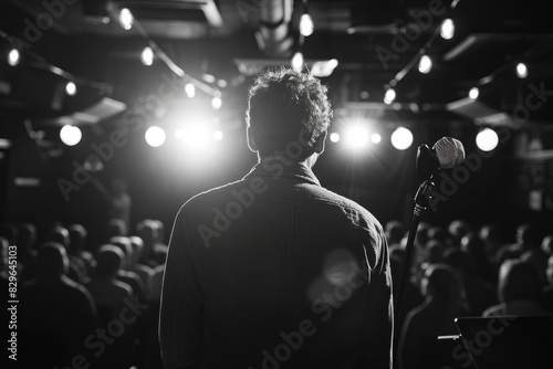 A man is standing confidently in front of a microphone  ready to perform at a comedy club