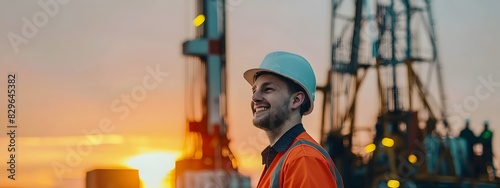 Content Petroleum Engineer Working at Industrial Refinery Site During Sunset