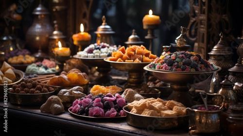 Display of traditional sweets close up, focus on culture, vibrant, Overlay, dessert table backdrop